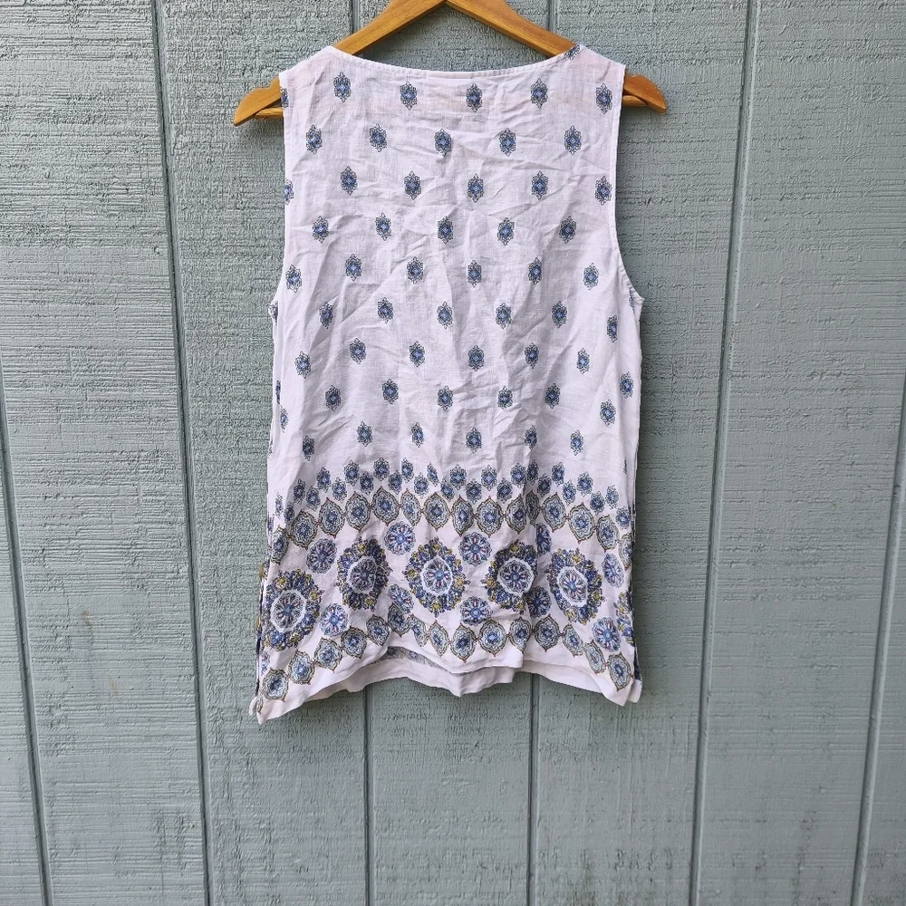 J Jill Love Linen Floral Boho Button Down Sides Tunic sz M Ivory Blue Beach Boh